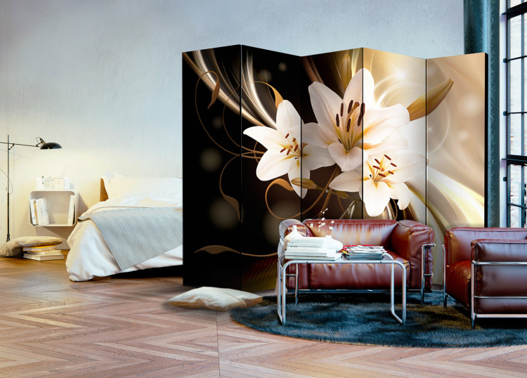 Room Divider Screen Circle of Light II - white lily flower against a wave of brown light 95564 additionalImage 2