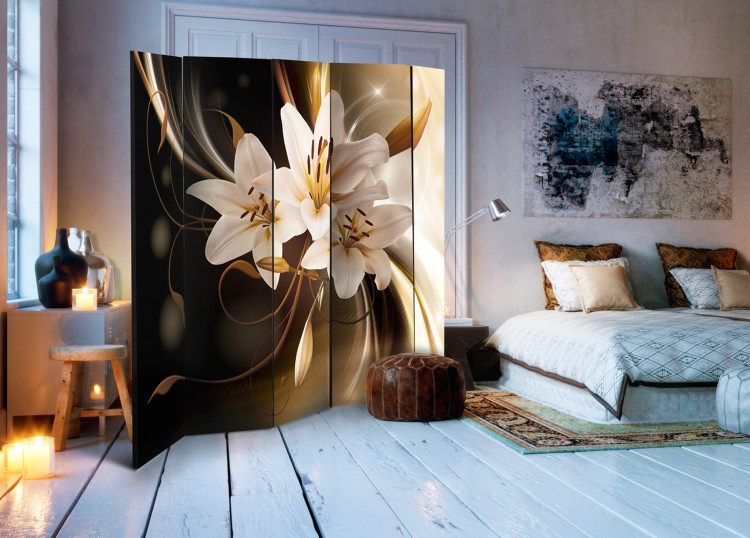 Room Divider Screen Circle of Light II - white lily flower against a wave of brown light 95564 additionalImage 4