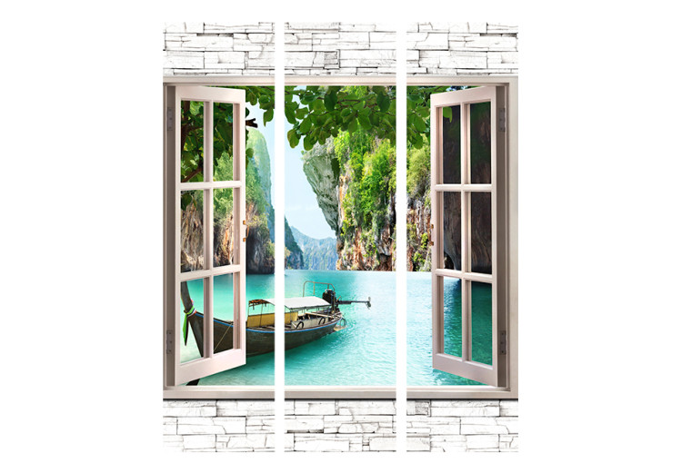 Room Divider Screen Thai Paradise - window on a stone texture overlooking water and mountains 95964 additionalImage 3