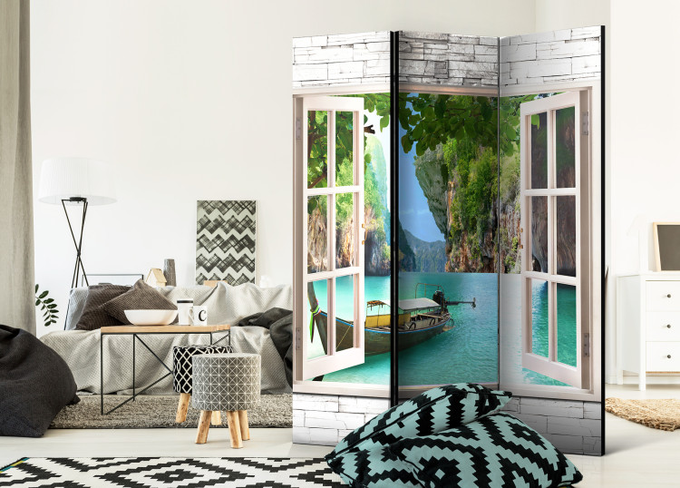 Room Divider Screen Thai Paradise - window on a stone texture overlooking water and mountains 95964 additionalImage 4