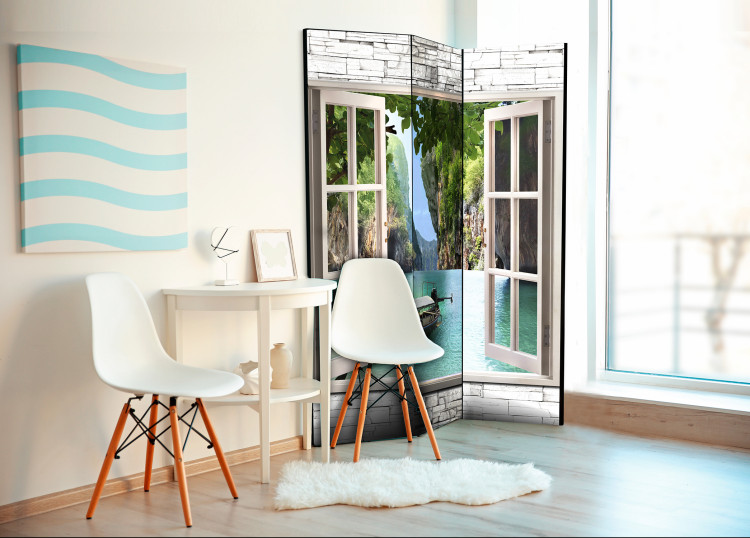 Room Divider Screen Thai Paradise - window on a stone texture overlooking water and mountains 95964 additionalImage 2