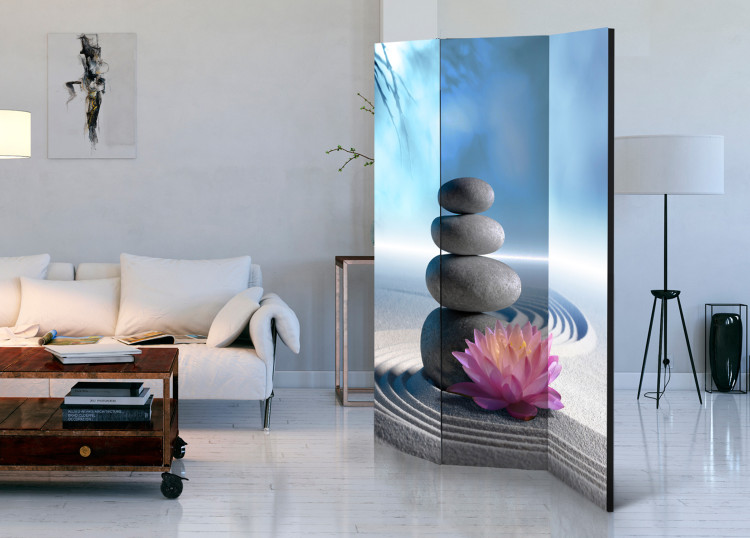Folding Screen Zen Garden - stones with plants in a Zen style on sand and a blue background 96064 additionalImage 2