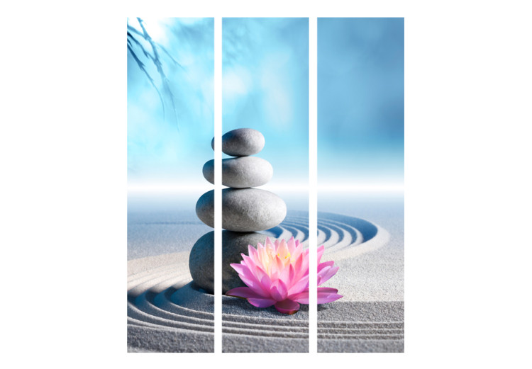Folding Screen Zen Garden - stones with plants in a Zen style on sand and a blue background 96064 additionalImage 3