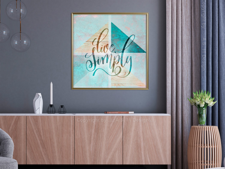 Poster Live simply (square) - English text on a background with triangles and wood 116374 additionalImage 7