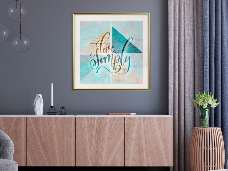 Poster Live simply (square) - English text on a background with triangles and wood 116374 additionalImage 17