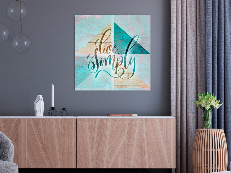 Poster Live simply (square) - English text on a background with triangles and wood 116374 additionalImage 14