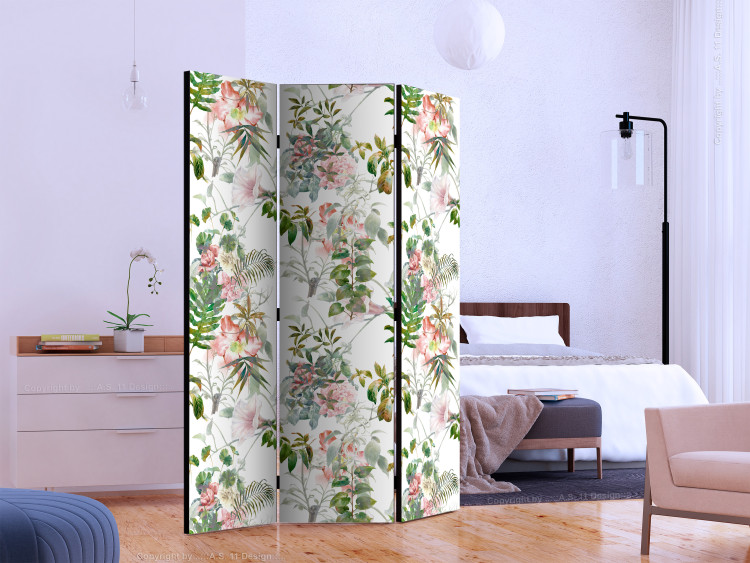 Room Divider Screen Beautiful Garden (3-piece) - tropical motif with pink flowers and leaves 124074 additionalImage 2