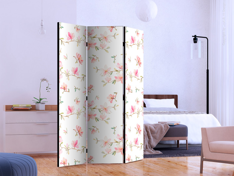 Room Divider Fresh Magnolias (3-piece) - delicate pink flowers on white background 124274 additionalImage 2