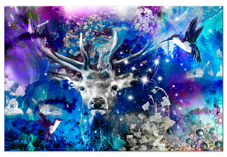 Canvas Art Print Blue Deer (1-part) wide - futuristic forest abstraction 127474