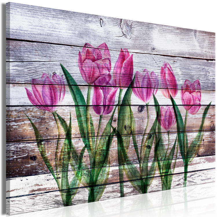 Canvas Print Spring Poetry (1-part) wide - tulips on a wooden background 128774 additionalImage 2