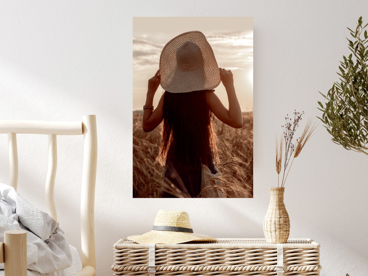 Wall Poster Late Harvest - landscape of a field and a woman against the setting sun 130274 additionalImage 2