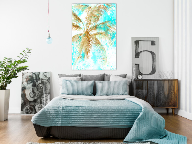 Canvas Golden palm leaves - tropical landscape on a blue background 131674 additionalImage 3