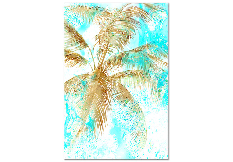 Canvas Golden palm leaves - tropical landscape on a blue background 131674