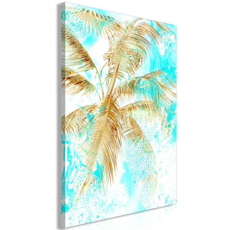 Canvas Golden palm leaves - tropical landscape on a blue background 131674 additionalImage 2