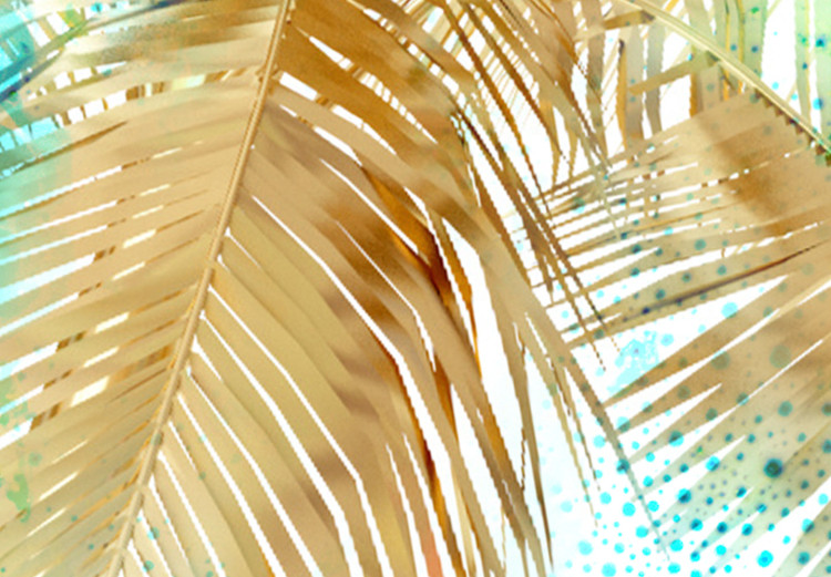 Canvas Golden palm leaves - tropical landscape on a blue background 131674 additionalImage 5