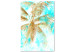 Canvas Golden palm leaves - tropical landscape on a blue background 131674