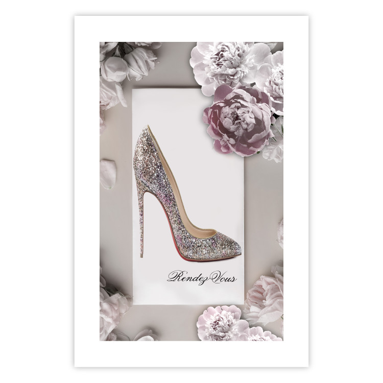 Poster First Date - luxury women's shoe among flowers on a light background 131774 additionalImage 25