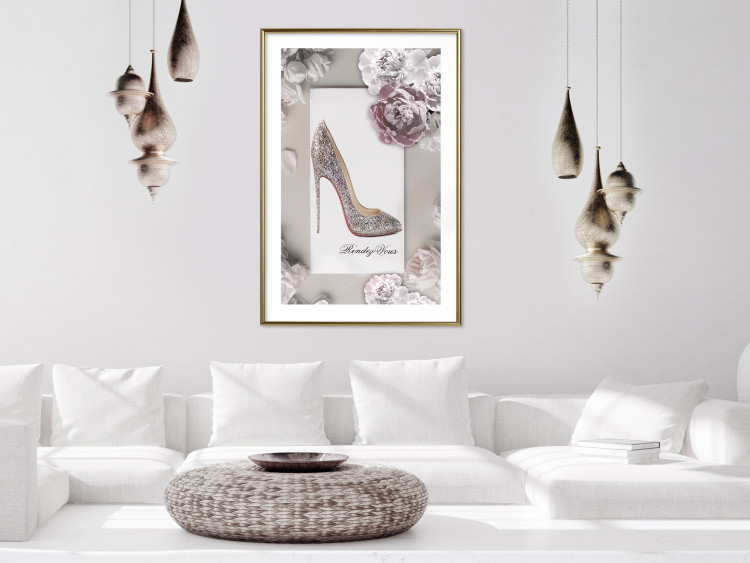 Poster First Date - luxury women's shoe among flowers on a light background 131774 additionalImage 13