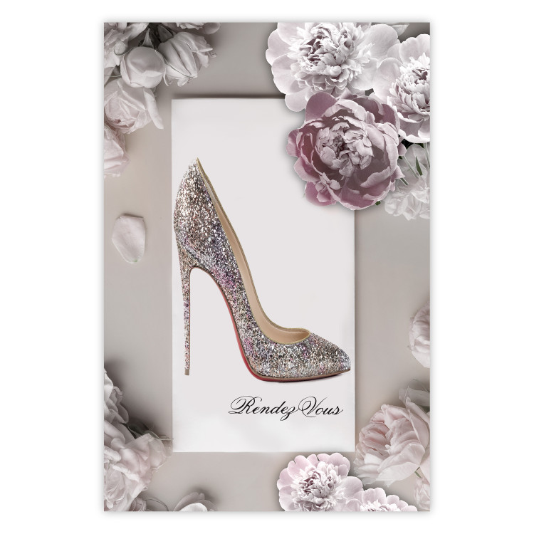 Poster First Date - luxury women's shoe among flowers on a light background 131774