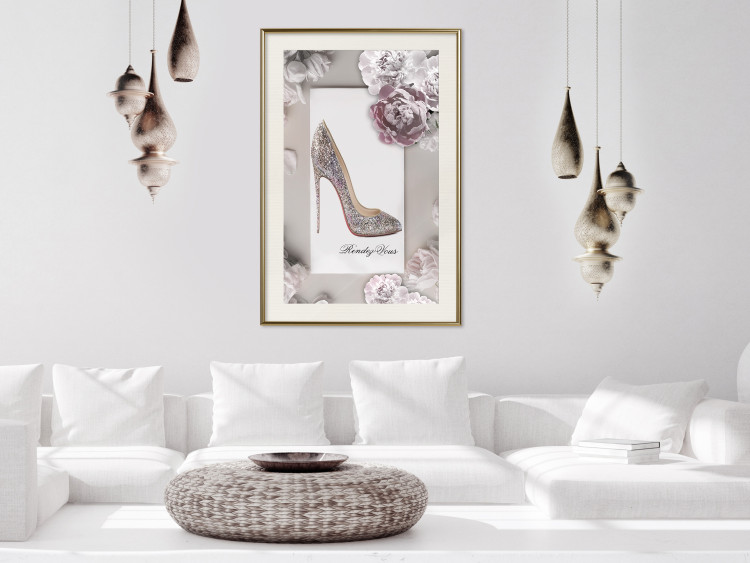 Poster First Date - luxury women's shoe among flowers on a light background 131774 additionalImage 22