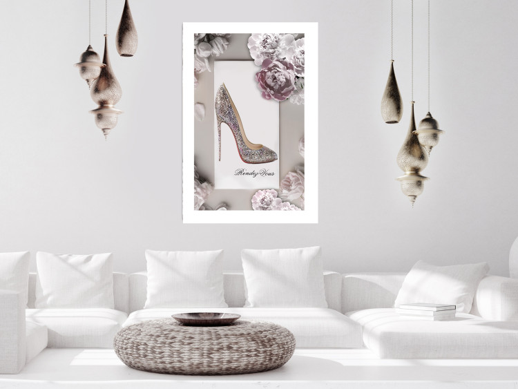 Poster First Date - luxury women's shoe among flowers on a light background 131774 additionalImage 3