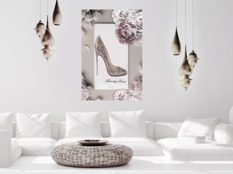 Poster First Date - luxury women's shoe among flowers on a light background 131774 additionalImage 2