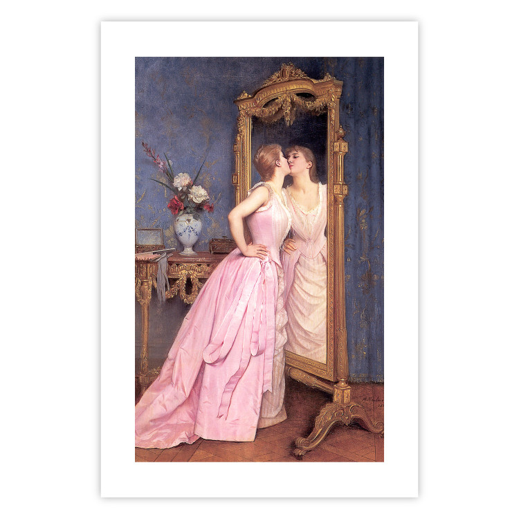 Wall Poster Vanity - woman in a pink long dress looking at herself in the mirror 138874 additionalImage 4