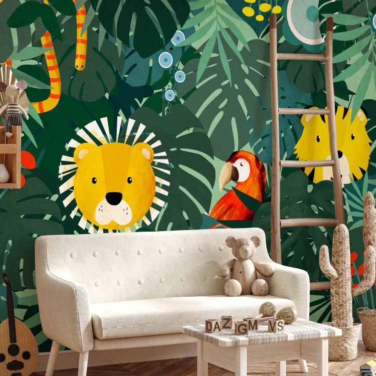 Photo Wallpaper Jungle - animal motif on background with green leaves and red parrot 143574 additionalImage 5