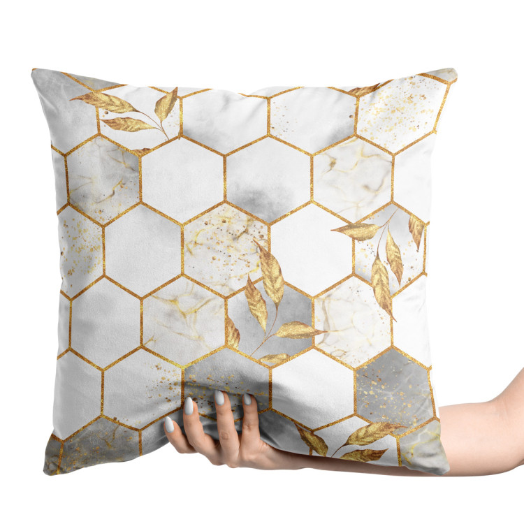 Decorative Velor Pillow Hexagons and leaves - elegant composition with geometric figures 147174 additionalImage 2