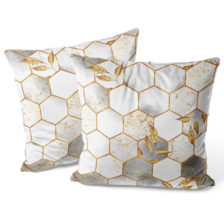 Decorative Velor Pillow Hexagons and leaves - elegant composition with geometric figures 147174 additionalImage 3