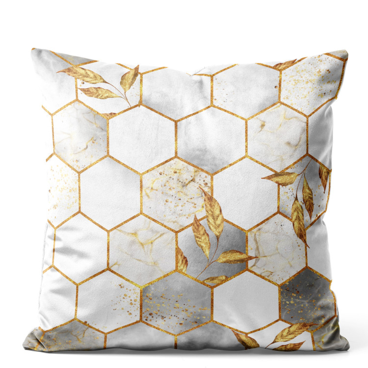 Decorative Velor Pillow Hexagons and leaves - elegant composition with geometric figures 147174