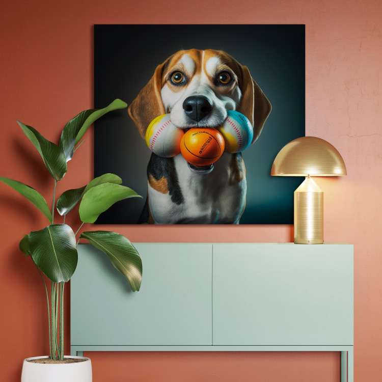 Canvas Art Print AI Beagle Dog - Portrait of a Animal With Three Balls in Its Mouth - Square 150174 additionalImage 3