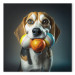 Canvas Art Print AI Beagle Dog - Portrait of a Animal With Three Balls in Its Mouth - Square 150174