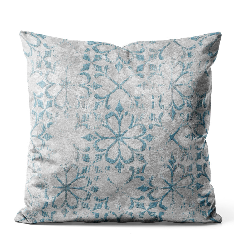 Decorative Velor Pillow Blue Ornament - Floral Pattern on Textural Gray Background 151374
