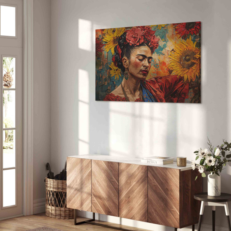 Canvas Art Print Frida Kahlo - Woman Against a Background of Sunflowers in the Style of Van Gogh’s Paintings 152274 additionalImage 4
