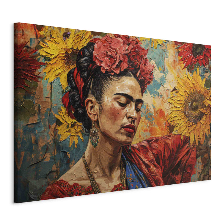 Canvas Art Print Frida Kahlo - Woman Against a Background of Sunflowers in the Style of Van Gogh’s Paintings 152274 additionalImage 2