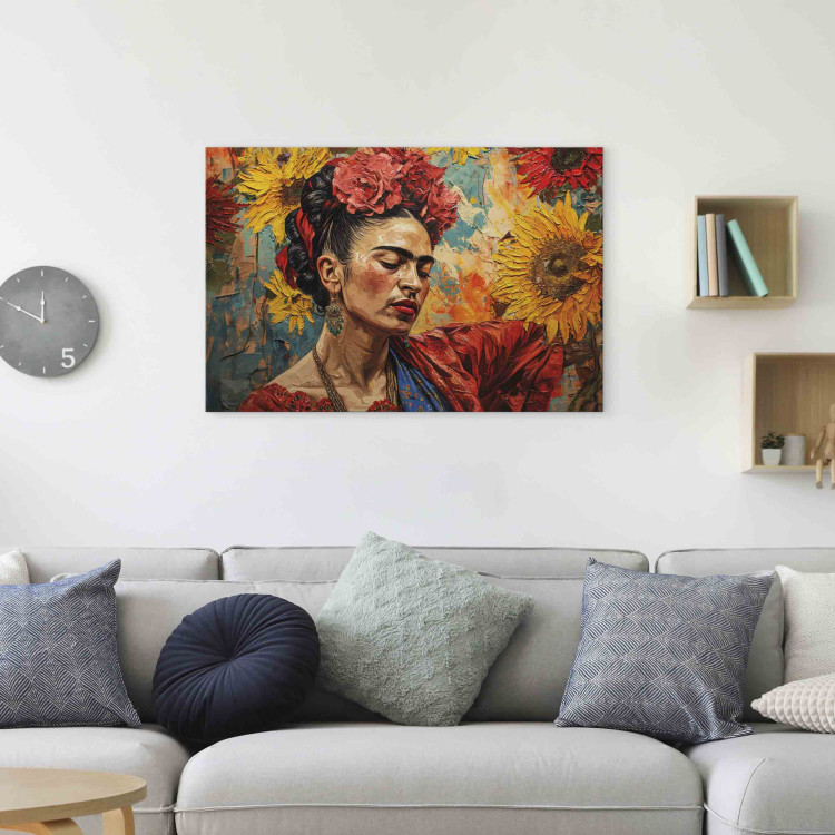 Canvas Art Print Frida Kahlo - Woman Against a Background of Sunflowers in the Style of Van Gogh’s Paintings 152274 additionalImage 5