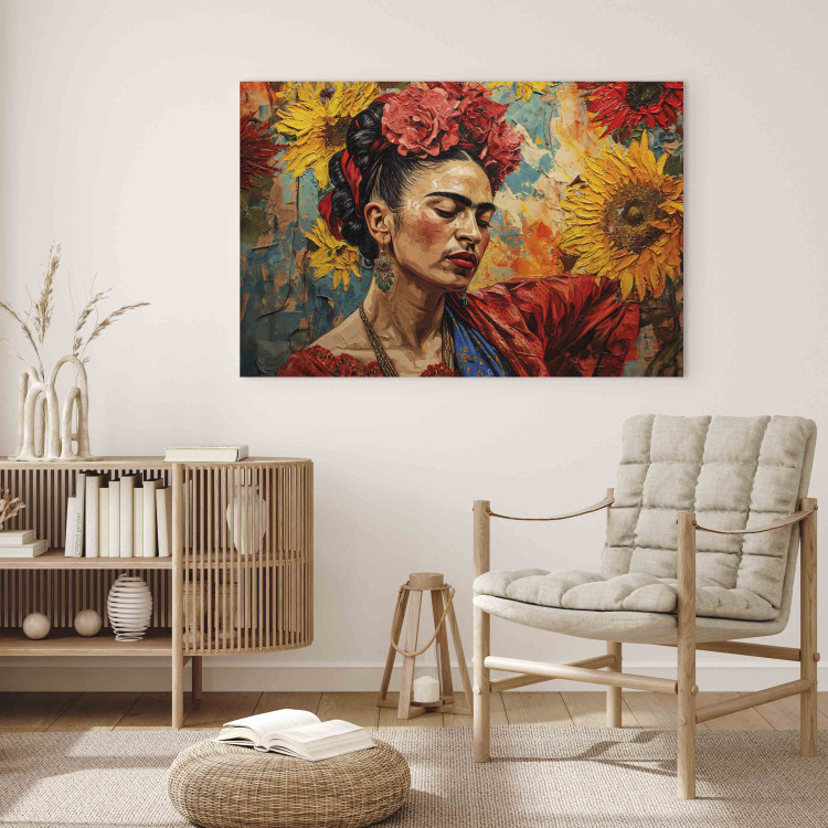Canvas Art Print Frida Kahlo - Woman Against a Background of Sunflowers in the Style of Van Gogh’s Paintings 152274 additionalImage 3