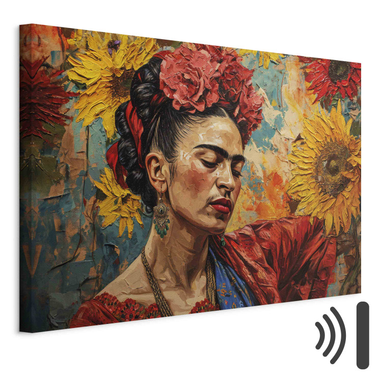 Canvas Art Print Frida Kahlo - Woman Against a Background of Sunflowers in the Style of Van Gogh’s Paintings 152274 additionalImage 8
