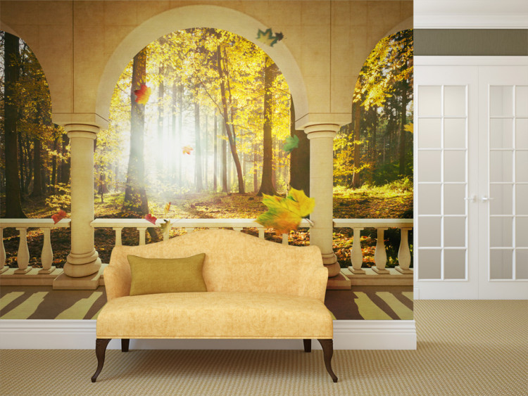 Wall Mural Space - Landscape from a Window with Autumn Trees and Falling Leaves 60574