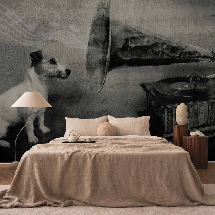 Wall Mural Music from the Turntable - Black and white dog listening to music with musical notes 61274 additionalImage 2