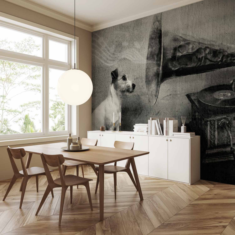 Wall Mural Music from the Turntable - Black and white dog listening to music with musical notes 61274 additionalImage 7