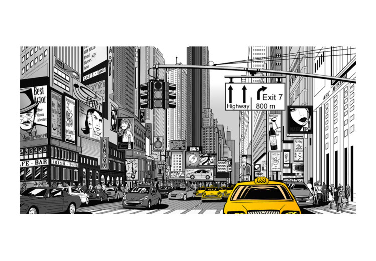 Photo Wallpaper Comic New York - Black and White Architecture with Yellow Taxis 61474 additionalImage 1