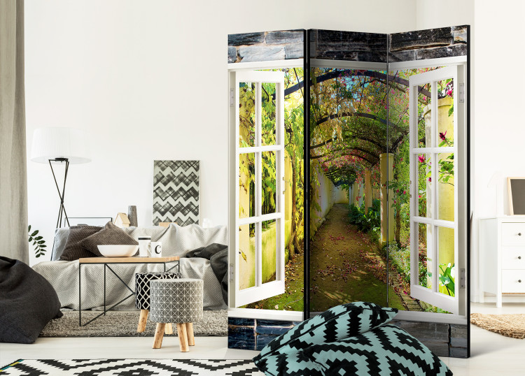 Folding Screen Mysterious Garden - stone texture window overlooking a garden and flowers 95974 additionalImage 4