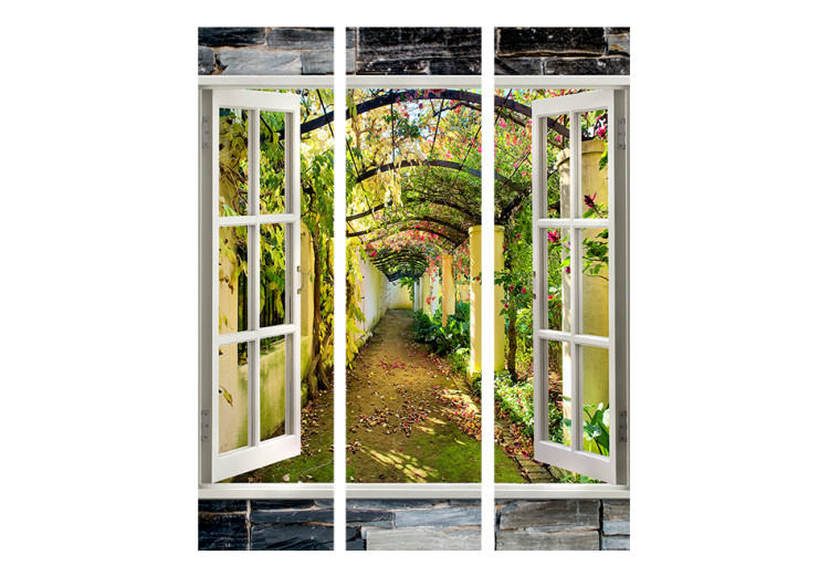 Folding Screen Mysterious Garden - stone texture window overlooking a garden and flowers 95974 additionalImage 3