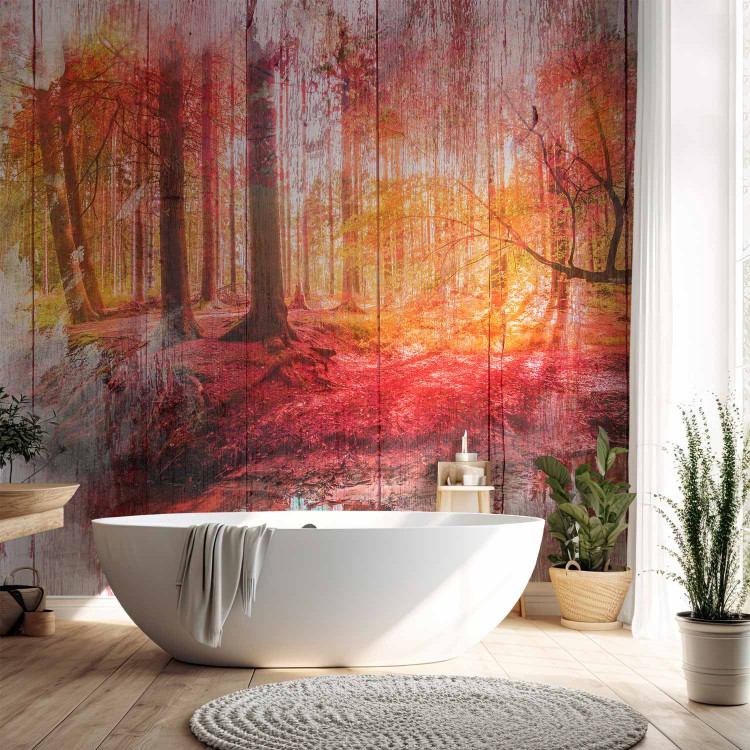 Wall Mural Autumn forest - abstract with forest and trees on wooden white background 108084 additionalImage 8