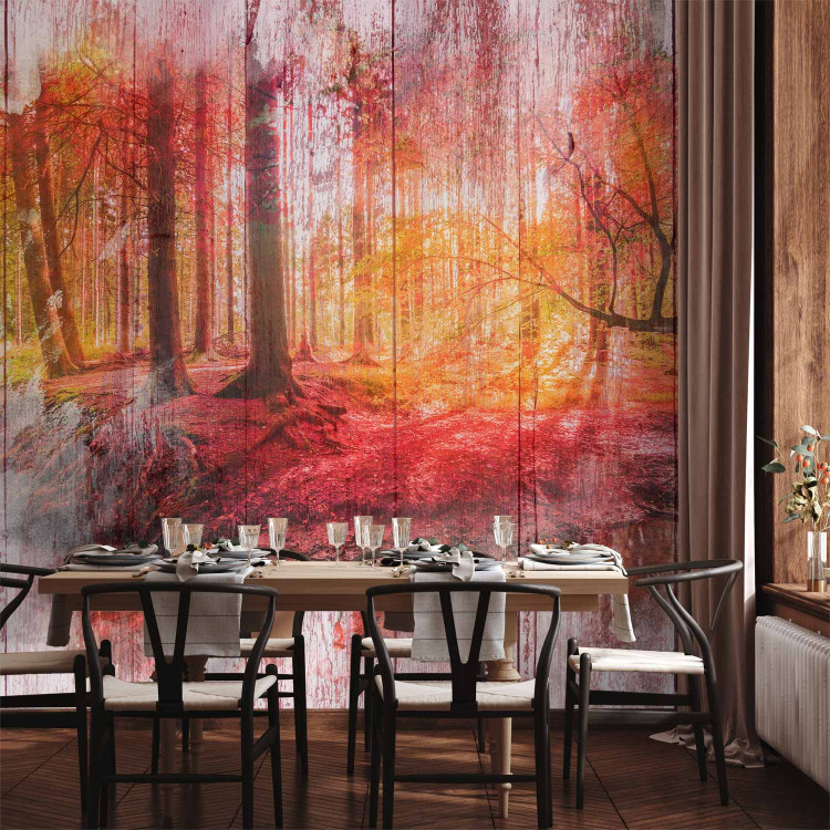 Wall Mural Autumn forest - abstract with forest and trees on wooden white background 108084 additionalImage 6