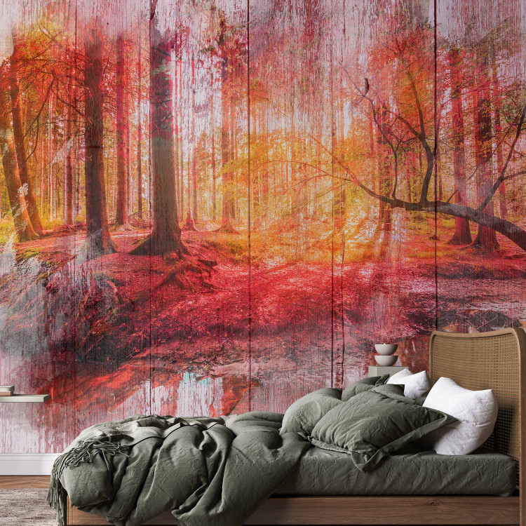 Wall Mural Autumn forest - abstract with forest and trees on wooden white background 108084 additionalImage 2