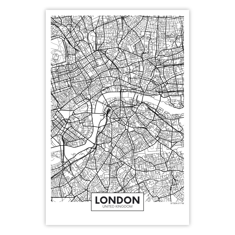 Wall Poster Map of London - black and white map of the capital of the United Kingdom and texts 116384