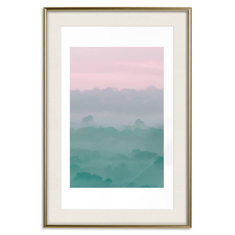 Poster Misty Dawn - landscape of trees amid dense fog in pastel colors 119184 additionalImage 20